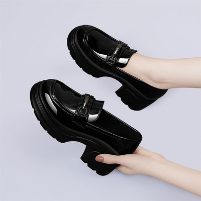 小个子内增高5cm单鞋女2026春季新款一脚蹬英伦风复古黑色乐福鞋