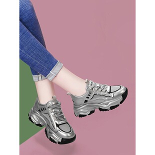 品牌真皮鞋子女款2026新款爆款秋季老爹鞋厚底网面透气休闲运动鞋