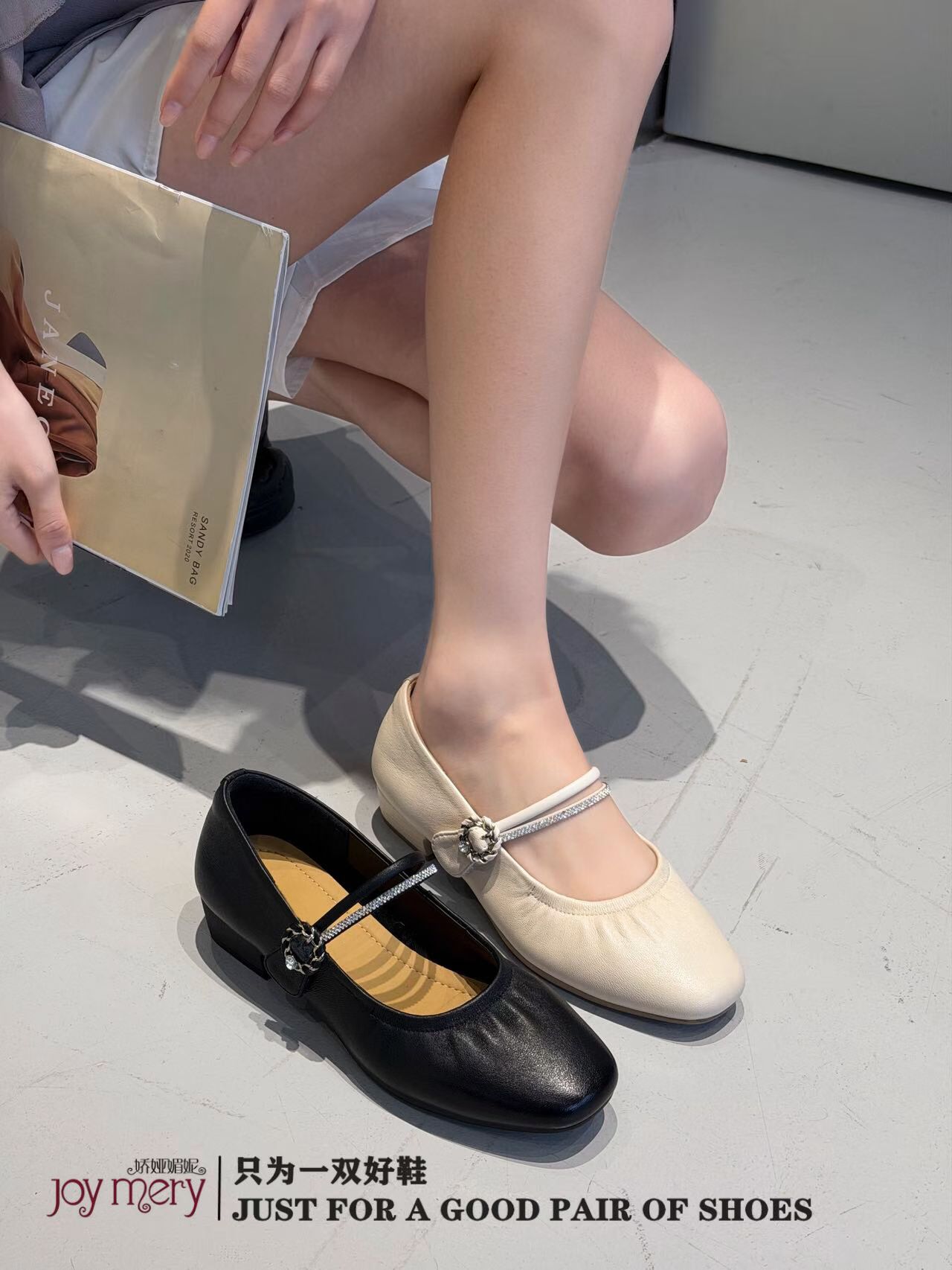 娇娅媚妮专柜正品2026新款牛皮水钻玛丽珍鞋女软底中跟舒适单鞋