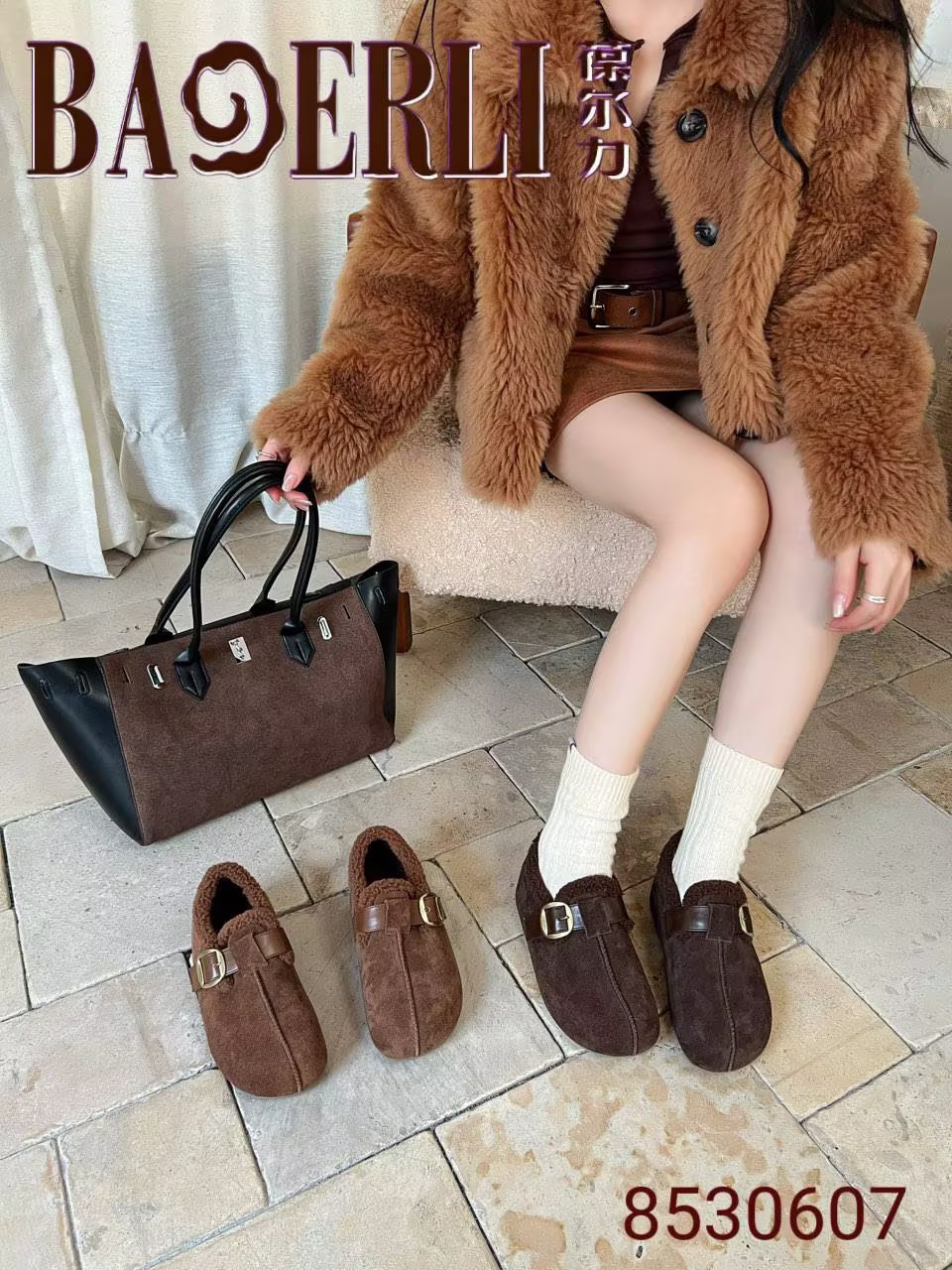 专柜正品葆尔力2025新款商场同款牛反皮加绒保暖厚底勃肯鞋短靴