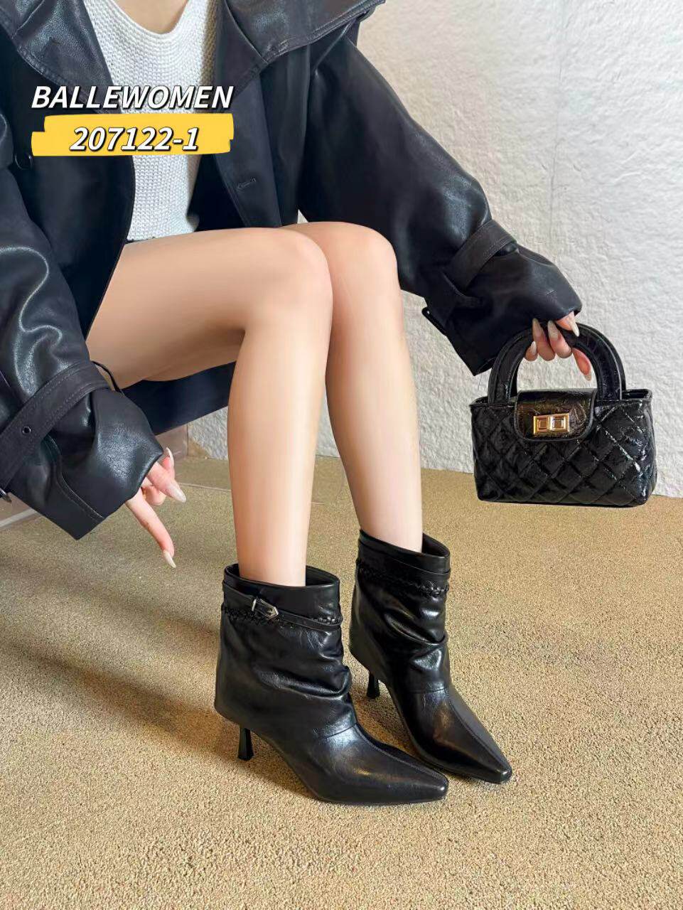 专柜正品百丽女人2026新款牛皮尖头细高高皮带款短靴女时装靴