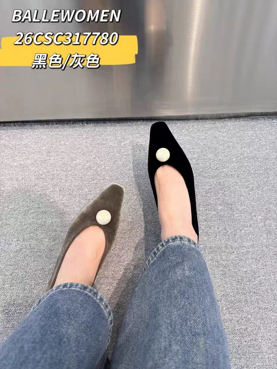专柜正品百丽女人2026新款法式尖头珍珠扣丝绒中粗跟单鞋女鞋