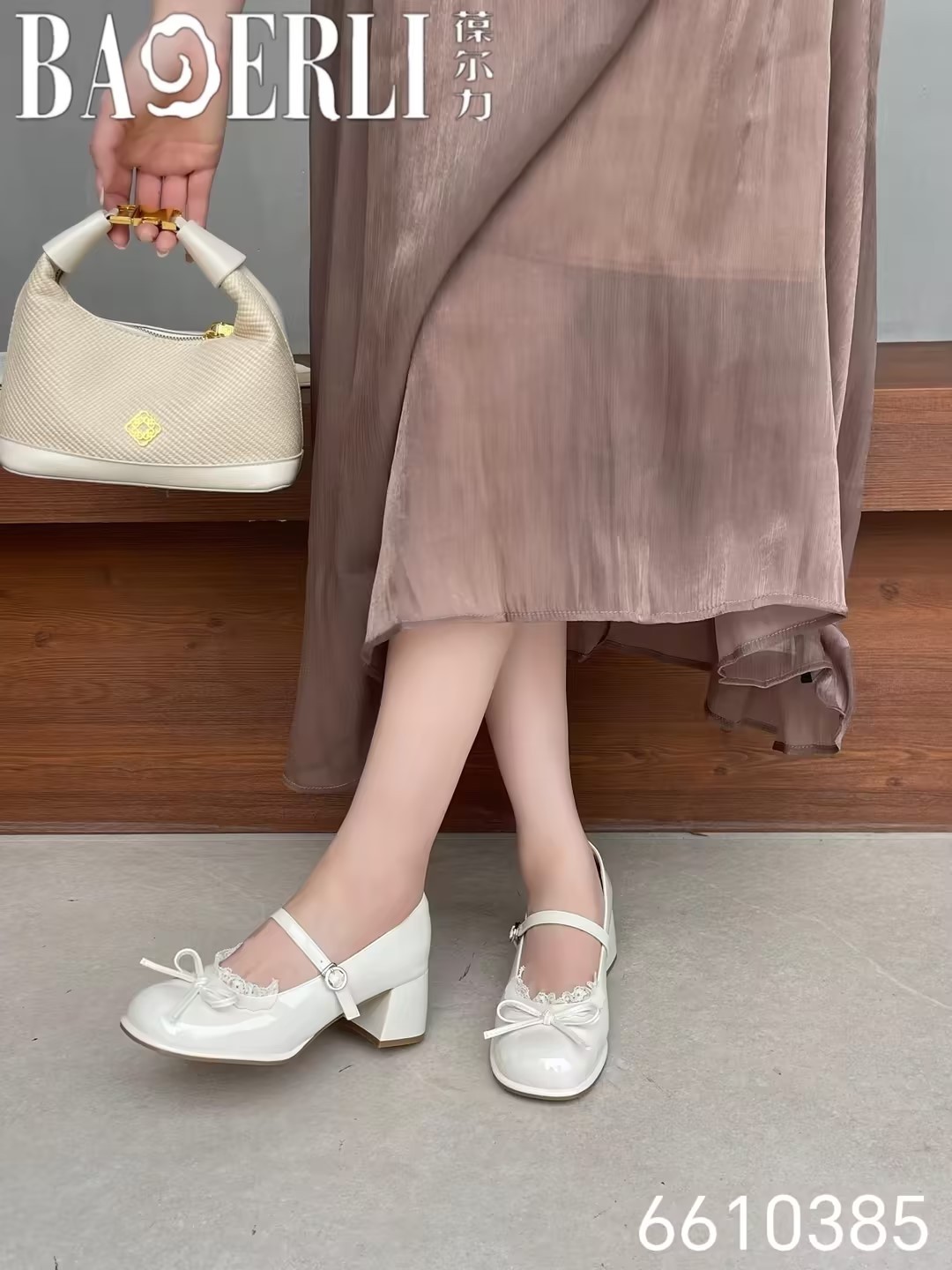 专柜正品葆尔力2026新款牛漆皮玛丽珍蕾丝蝴蝶结甜美韩版高跟单鞋
