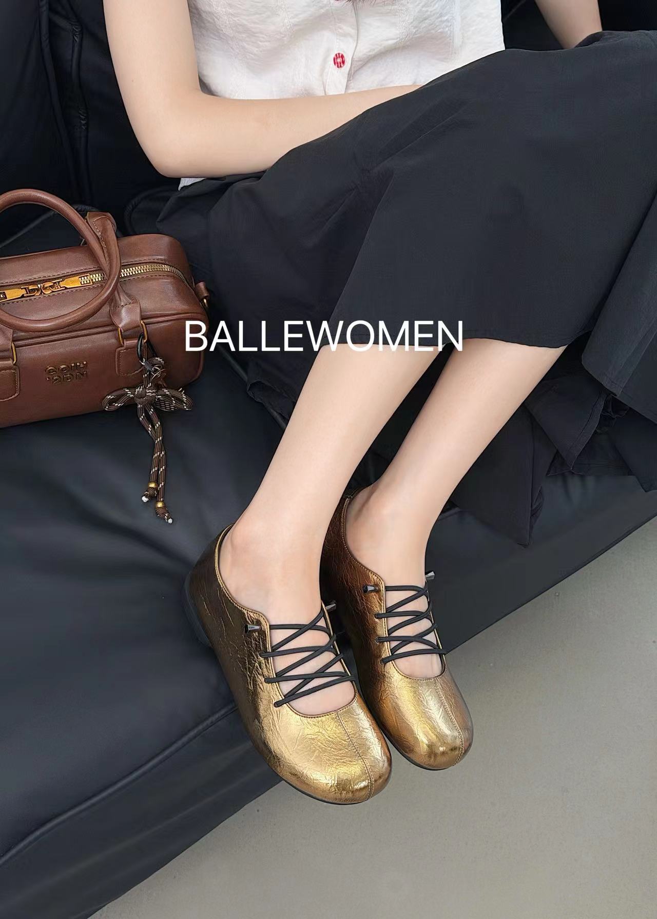专柜正品白丽女人2026早秋新款牛皮交叉带芭蕾玛丽珍金色小皮鞋