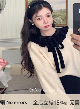 不出错No errors 蝴蝶结绑带丝绒花边领拼接宽松毛衣女冬