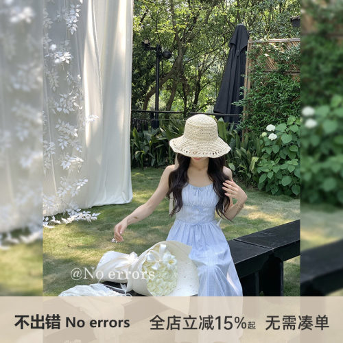 不出错No errors 背后打揽蓝色格纹吊带连衣裙蝴蝶结吊带裙