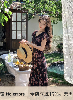 不出错No errors 度假风法式浪漫斜裁印花连衣裙 2025夏季新款