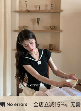 不出错No errors coco小姐～千金小香风海军领花朵冰丝短袖上衣