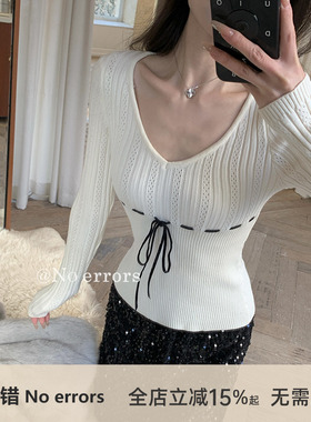 不出错No errors【奶乖甜心】百搭显瘦丝绒绑带v领针织衫 冬新款