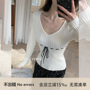 不出错No errors【奶乖甜心】百搭显瘦丝绒绑带v领针织衫 冬新款