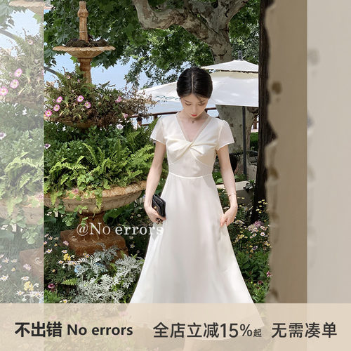不出错No errors优雅气质梦幻薄纱纽结v领连衣裙 2025夏季新款