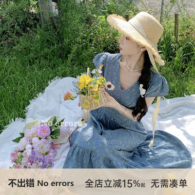 不出错No errors【夏花】温柔显白蓝色碎花连衣裙 2025夏季新款