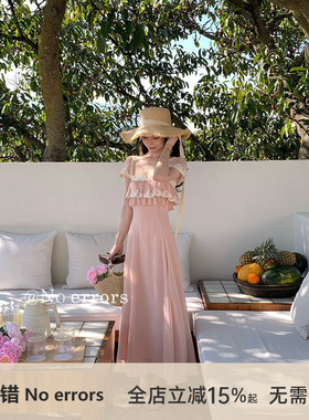 不出错No errors【浮生若梦】粉色蕾丝荷叶边雪纺度假长裙 春新款