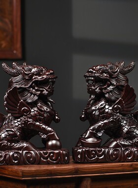 黑檀木雕刻招财麒麟摆件一对公母实木客厅桌面装饰家用乔迁送礼品