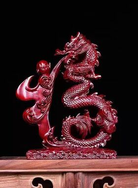 绿色实木雕刻龙摆件生肖龙青龙吐珠家居办公木龙头开业工艺品礼品