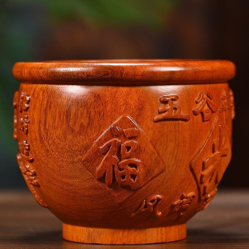 花梨实木聚宝盆小米缸聚财百福缸木雕招财进宝纯木客厅桌面装饰品