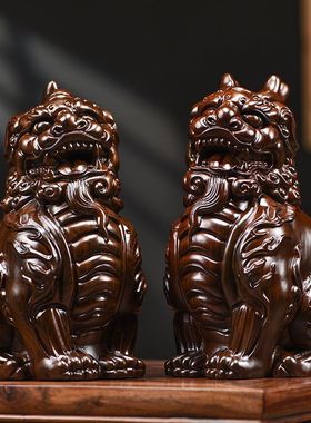 黑檀木雕刻招财貔貅摆件实木公母一对独角双角天禄工艺品开业送礼