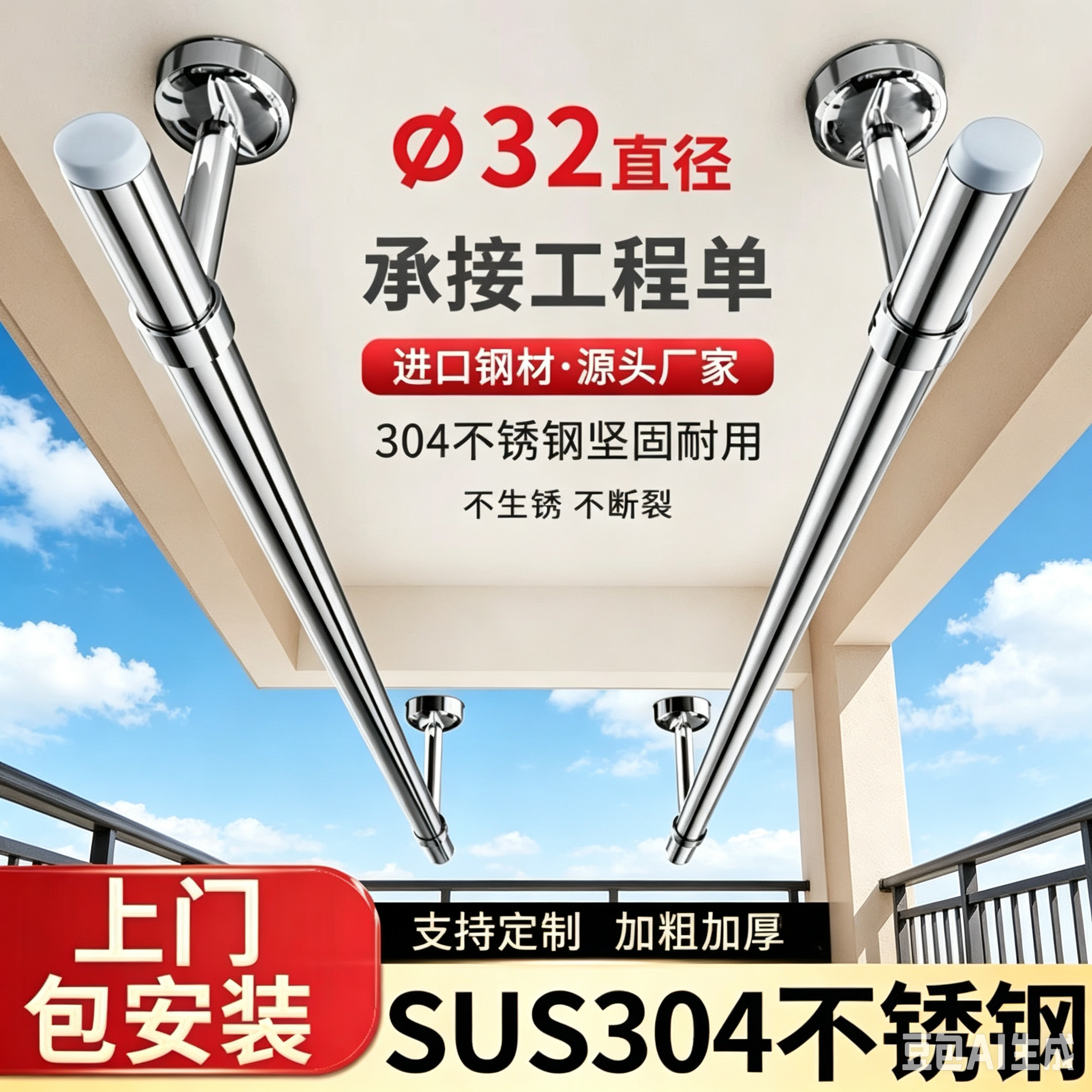 304包安装不锈钢晾衣杆阳台固定式顶装晾衣架加厚晒衣杆一根单杆