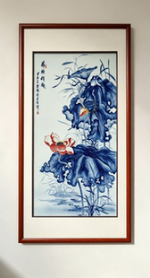景德镇周惠胜老师手绘青花瓷荷塘情趣瓷板画茶室客厅玄关装饰挂画