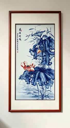 景德镇周惠胜老师手绘青花瓷荷塘情趣瓷板画茶室客厅玄关装饰挂画