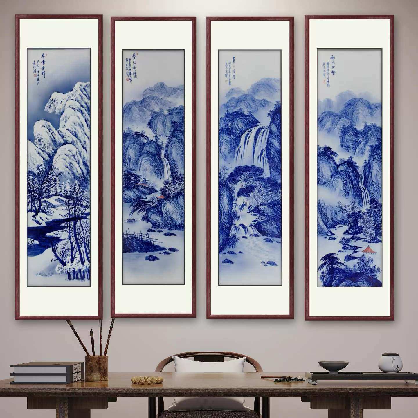 景德镇四条屏瓷板画手绘青花瓷板画春夏秋冬客厅茶室办公室装饰画