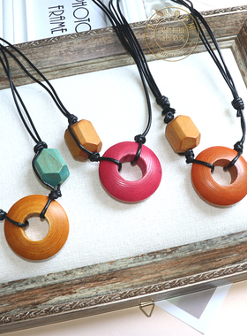 民族风撞色原木项链毛衣链长款