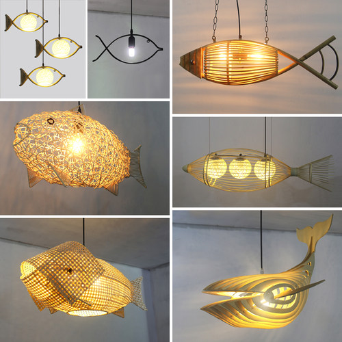 竹编鱼形吊灯田园创意鲤鱼灯餐厅火锅烤鱼店民宿茶室日式木艺藤灯