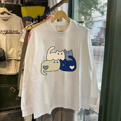 秋冬新款潮流长袖T恤男美式休闲碎花猫咪棉重磅大码上衣打底衫女