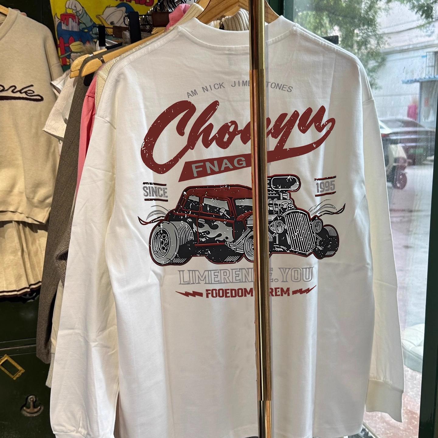 外贸出口订单~秋冬潮牌长袖T恤男美式纯棉重磅复古赛车打底衫上衣