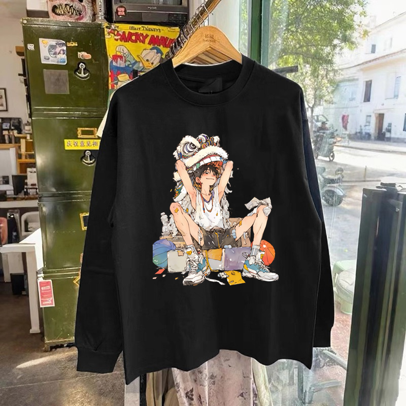 300克重磅纯棉！春秋冬潮牌长袖T恤男中国风舞狮休闲打底衫上衣女