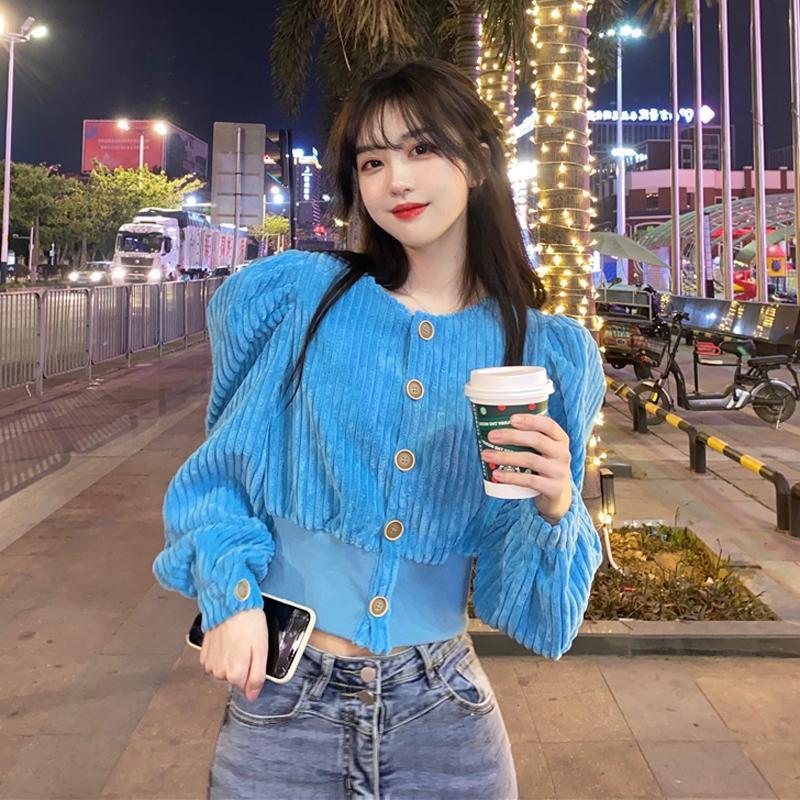 春装2023年新款很仙的泡泡袖别致上衣超仙灯芯绒衬衫女设计感小众