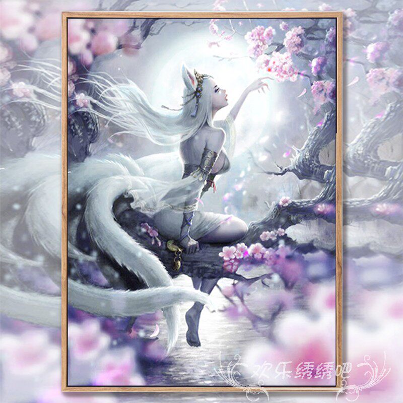 樱花九尾狐十字绣 diy手工制作卧室挂画小件钻石贴画简单初学者