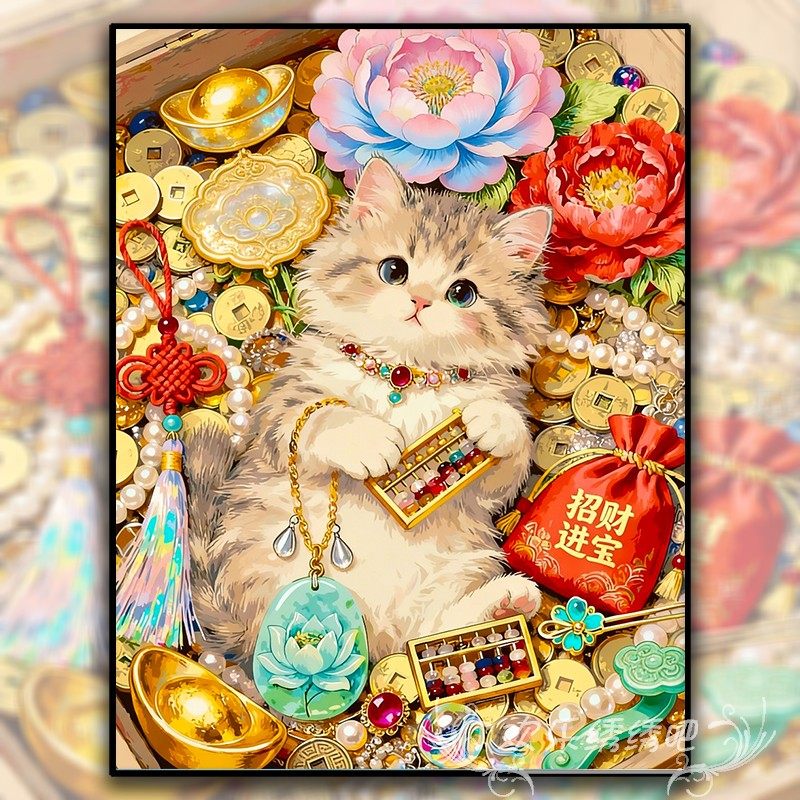 招财进宝小猫十字绣2026新款线绣刺绣国风喜庆手工5d钻石贴画满钻,居家布艺,十字绣套件,淘宝优惠券,粉丝福利购,淘宝优惠卷