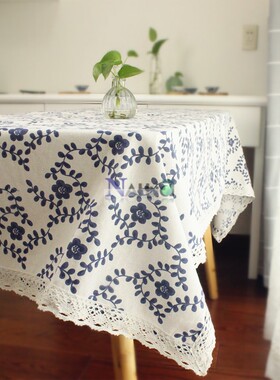 青花瓷中式田园风棉麻桌布古典中国风蕾丝清新茶几布长方形盖布