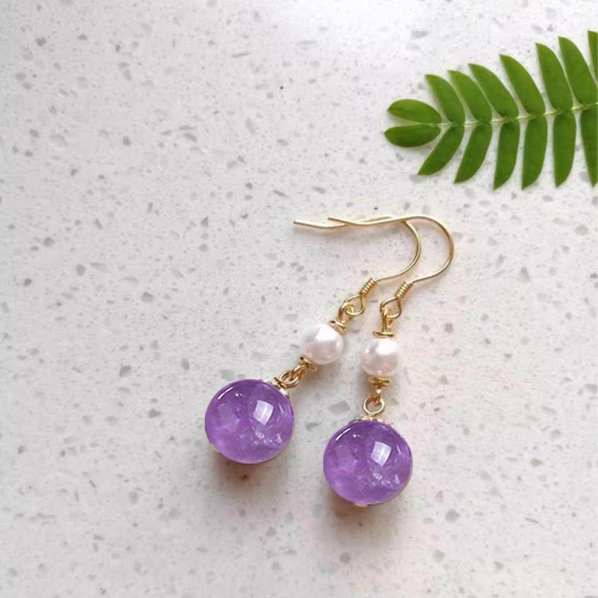 天然熏衣草紫水晶925纯银耳环