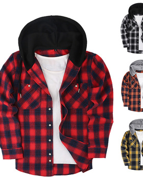 Spring Autumn Flannel Men Shirt LongSleeve Casual Hood Plaid