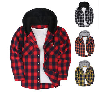 Fashion Men Casual Hooded Plaid Red Shirt Button Long Sleeve