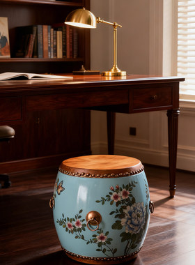 新中式花鸟陶瓷鼓型凳子书房多功能手绘装饰摆件黄铜