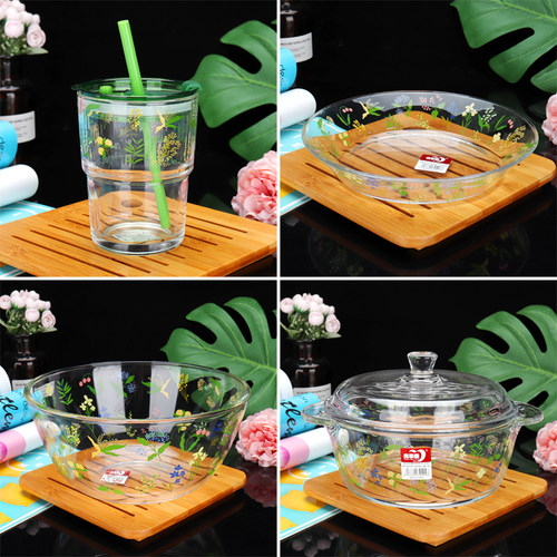 青苹果芬芳夏日系列时尚印花玻璃碗盘子和面碗汤碗喝茶吸管杯汤煲