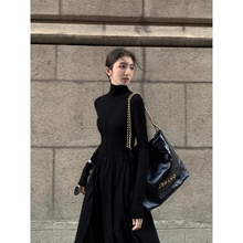 赫本风高领黑色针织连衣裙过膝长款打底裙子生日party小礼服春秋