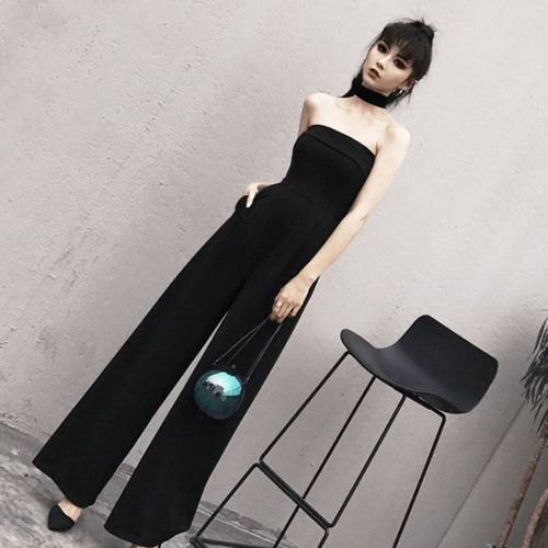 连体阔腿裤黑色一字肩