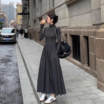 赫本风高领打底连衣裙女秋冬
