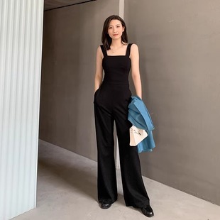 2026新款黑色高腰吊带连体裤夏女收腰西服背带裤直筒阔腿拖地长裤
