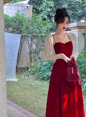 新娘结婚订婚红色吊带连衣裙子