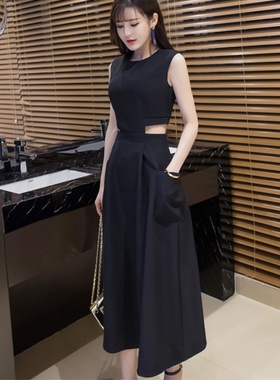 流行黑色名媛冷淡风气质显瘦露腰连衣裙韩版无袖中长裙女夏装新款