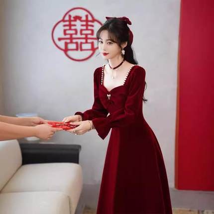 敬酒服新娘2025秋冬酒红色结婚订婚回门气质礼服连衣裙女平时可穿