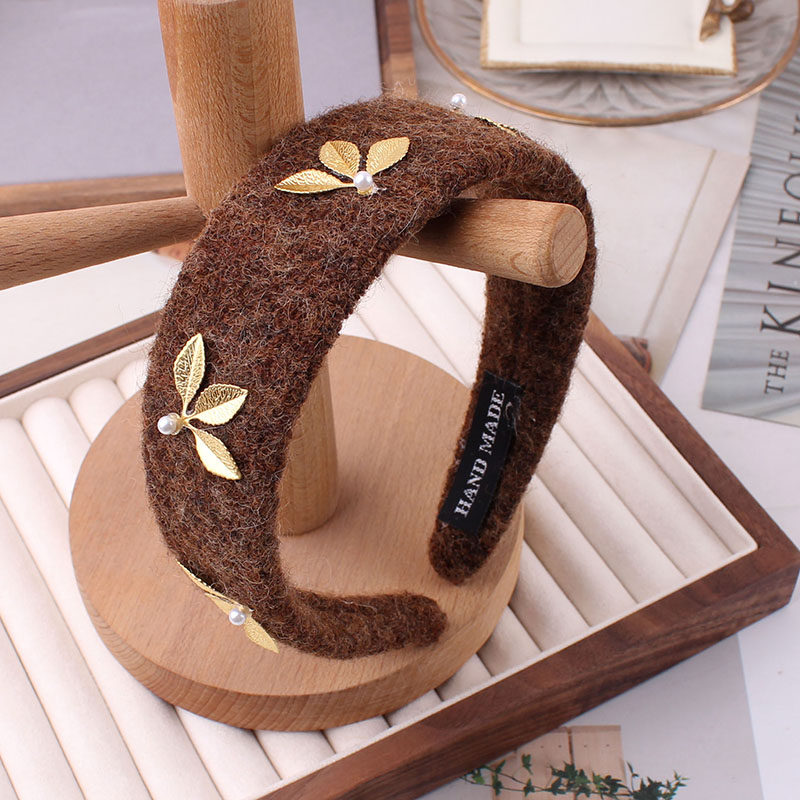 老钱风复古金叶子毛呢发箍女百搭气质头箍高级感棕金珍珠发卡发饰