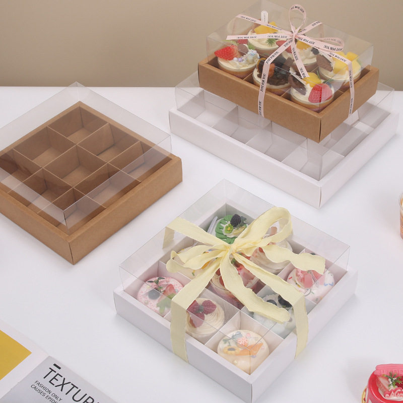 牛皮纸九宫格野餐盒透明加厚火锅外卖打包盒6粒12粒纸杯蛋糕盒子