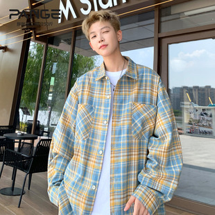 美式 胖胖哥复古格子衬衫 潮牌宽松休闲长袖 新款 痞帅衬衣外套 男秋季