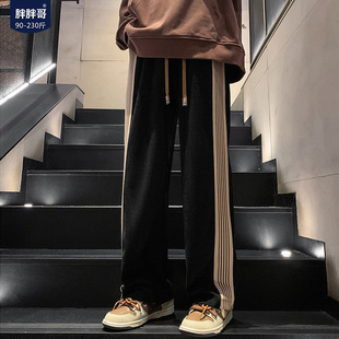 胖胖哥美式高街裤子男款春季条纹直筒裤潮牌宽松大码运动休闲长裤